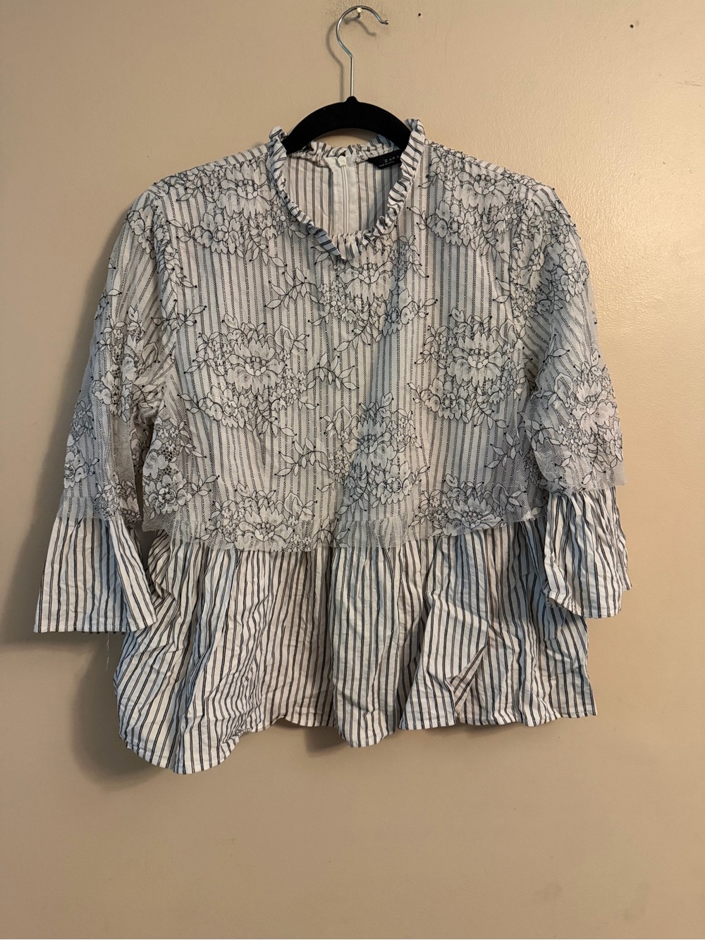 Striped Black & White Floral-Embroidered Peplum Blouse